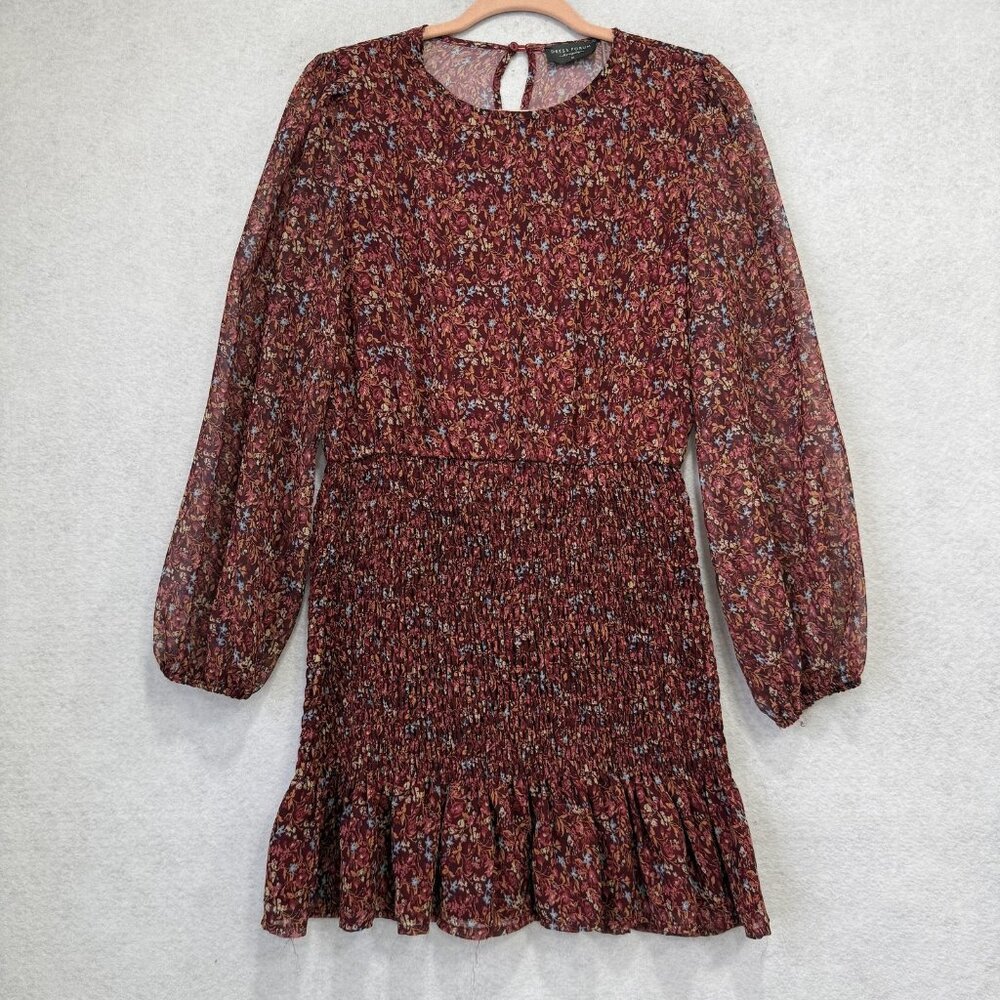 Dress Forum Dress Womens Medium Red Floral Chiffon Smocked Long Sleeve Mini